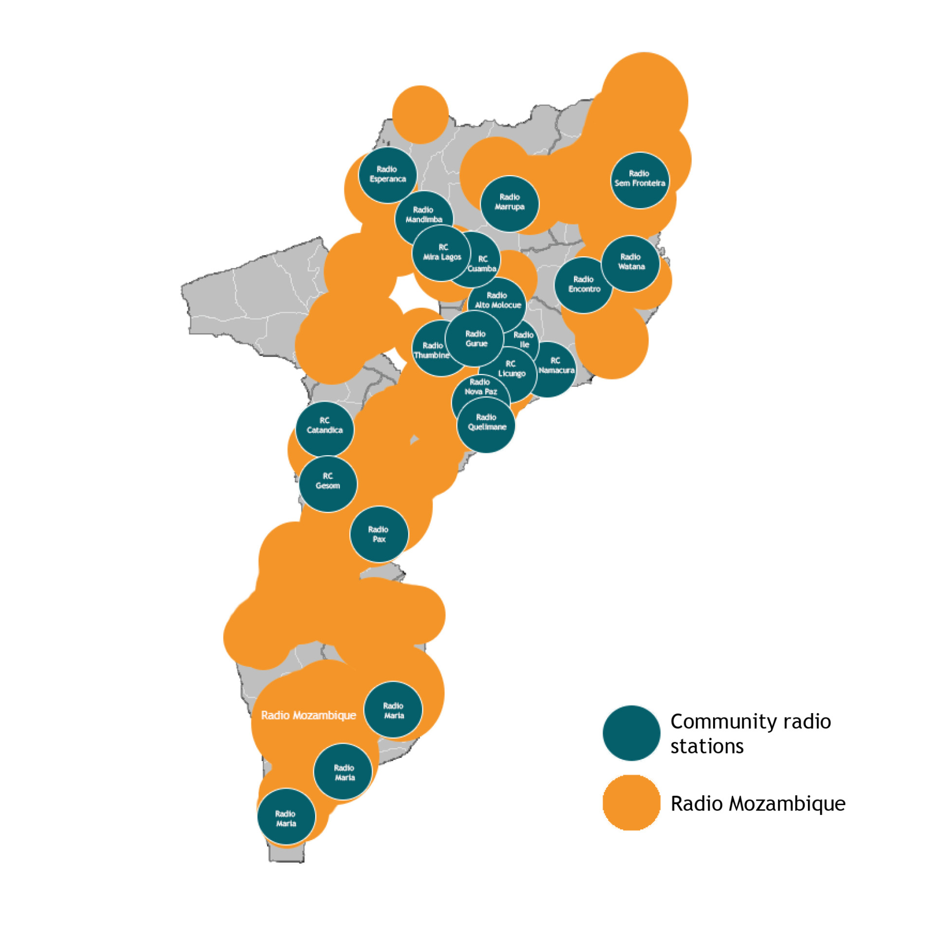 Map of Mozambique highlighting the reach of community radio stations and radio Mozambique